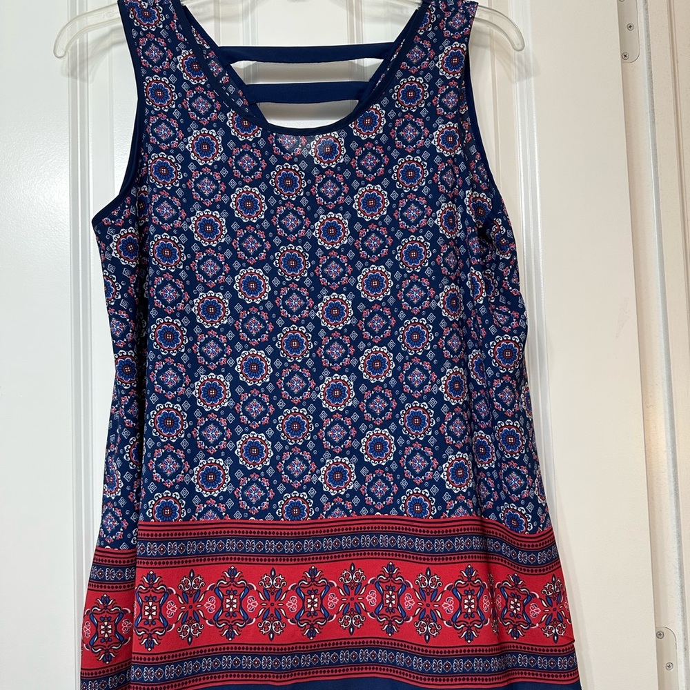 Navy and Red Patterned Sleeveless Blouse